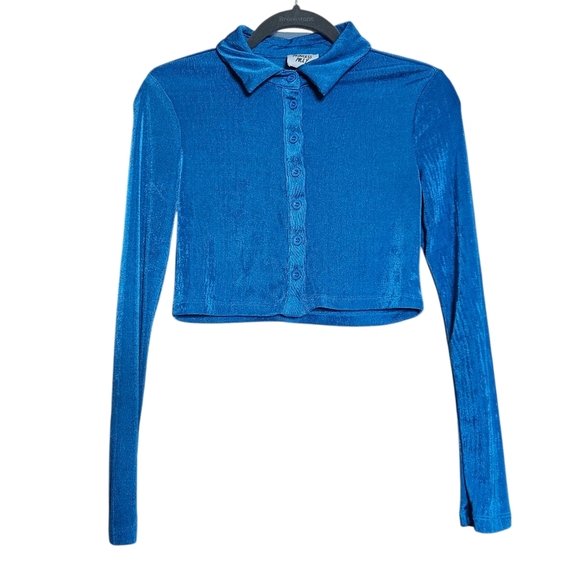 Princess Polly Claudia Long-sleeve Button-down Cropped Blue Shirt size 6 - Picture 1 of 5
